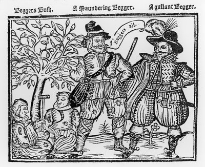 "Beggars All": Beggars Bush, a Wandering Beggar and a Gallant Beggar, titelsida för "The Praise, Antiquity and Commodity of Beggary, Beggars and Begging" av English School